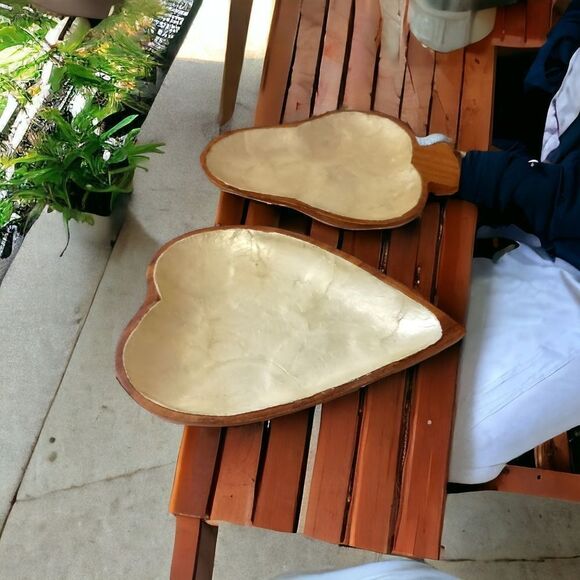 2 Capiz Shell Lined Monkey Pod Dish Set MCM Card Suit Bowls Acacia Spade Heart. - Picture 1 of 16